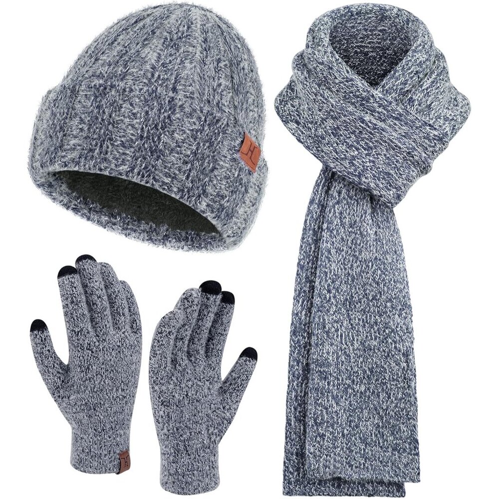 Womens Winter Warm Knit Beanie Hat Touchscreen Gloves Long Neck Scarf Set with F